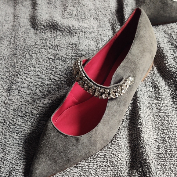 Kurt Geiger Shoes - Kurt Geiger Gray Suede Flats with Rhinestone Detail